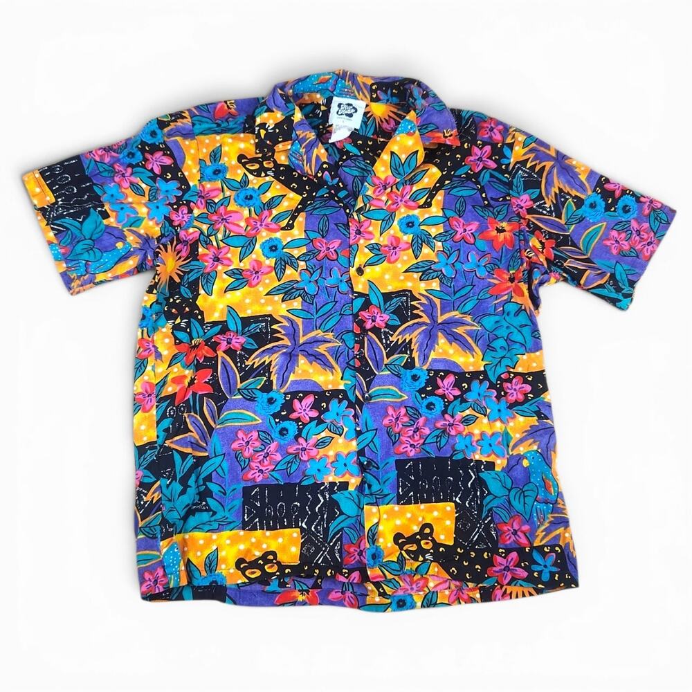 Vtg 90s Hilo Hattie Vibrant Colorful Hawaiian Shirt LARGE Leopard Parrot Jungle